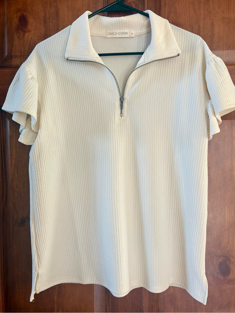 Grace + Emma Cream Quarter-Zip Textured Top Boutique Preppy